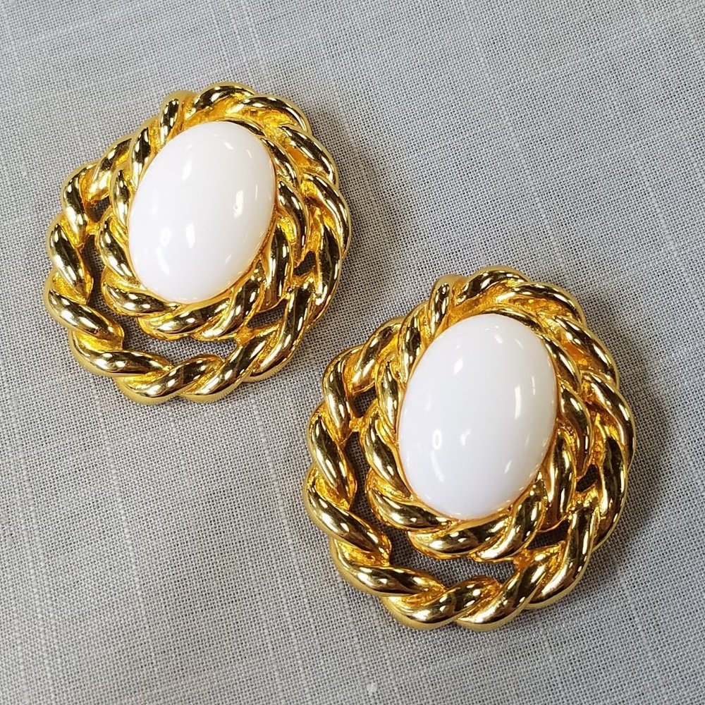 Vintage Statement clip on Gold and White Milk Glass Earrings